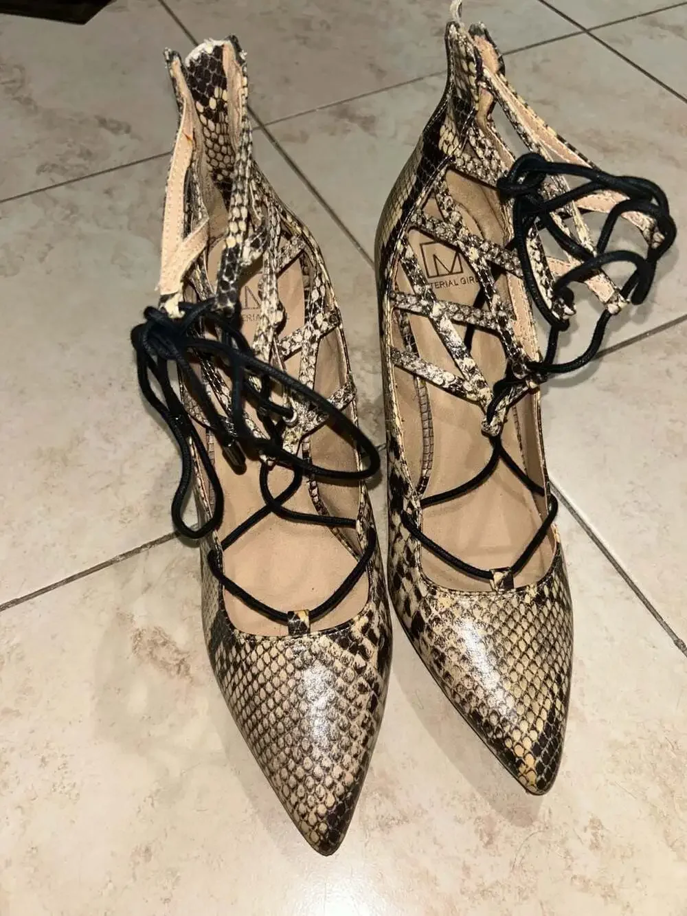 Material Girl Pointed Toe Lace-Up Stiletto Heels in Snakeskin Print